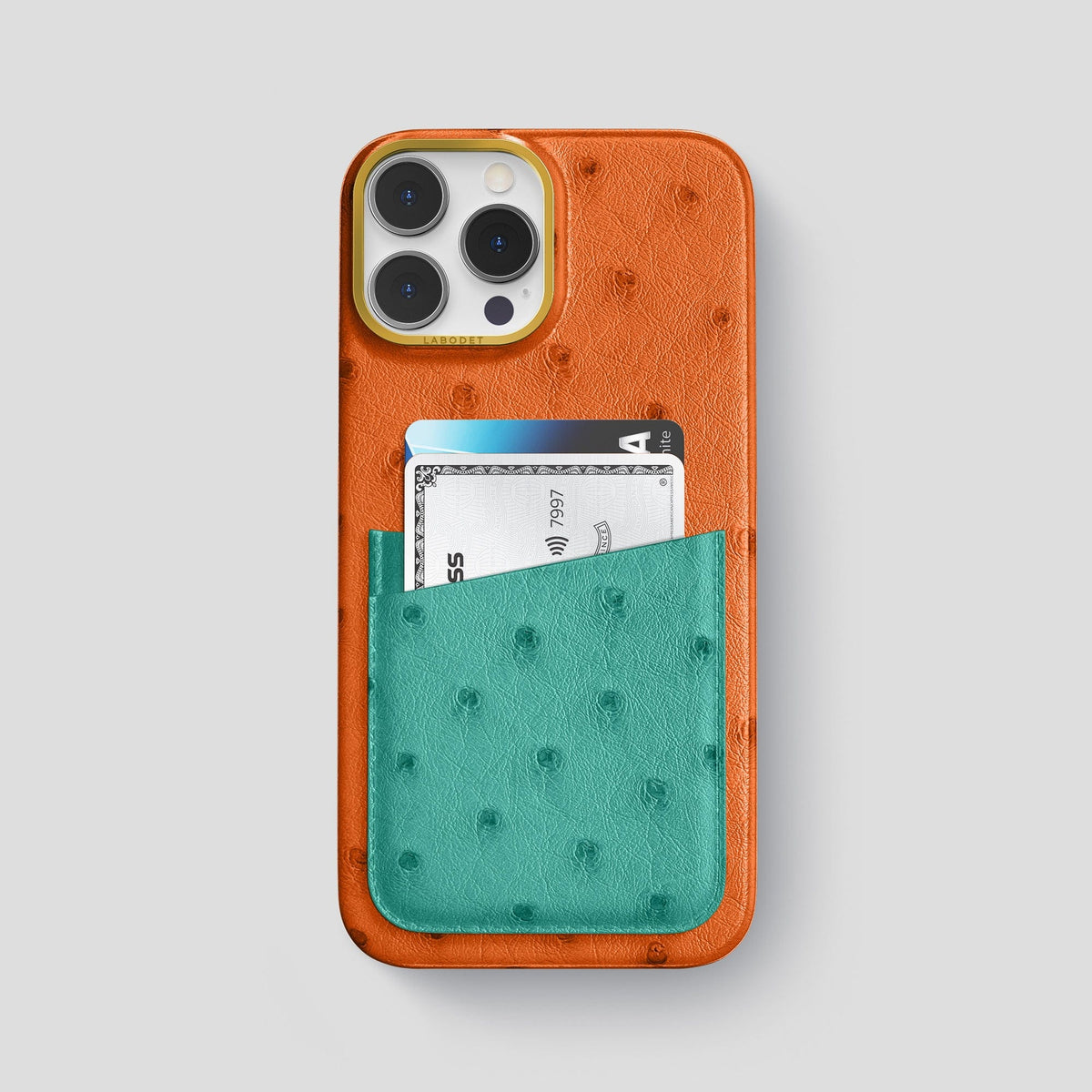 Medium-Brown-Green iPhone 15 Pro Max Card Case Colore Ostrich with Gold Metal -1 | Medium-Brown-Green-Gold