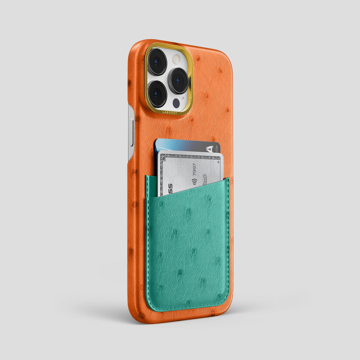 Medium-Brown-Green iPhone 15 Pro Max Card Case Colore Ostrich with Gold Metal -2 | Medium-Brown-Green-Gold