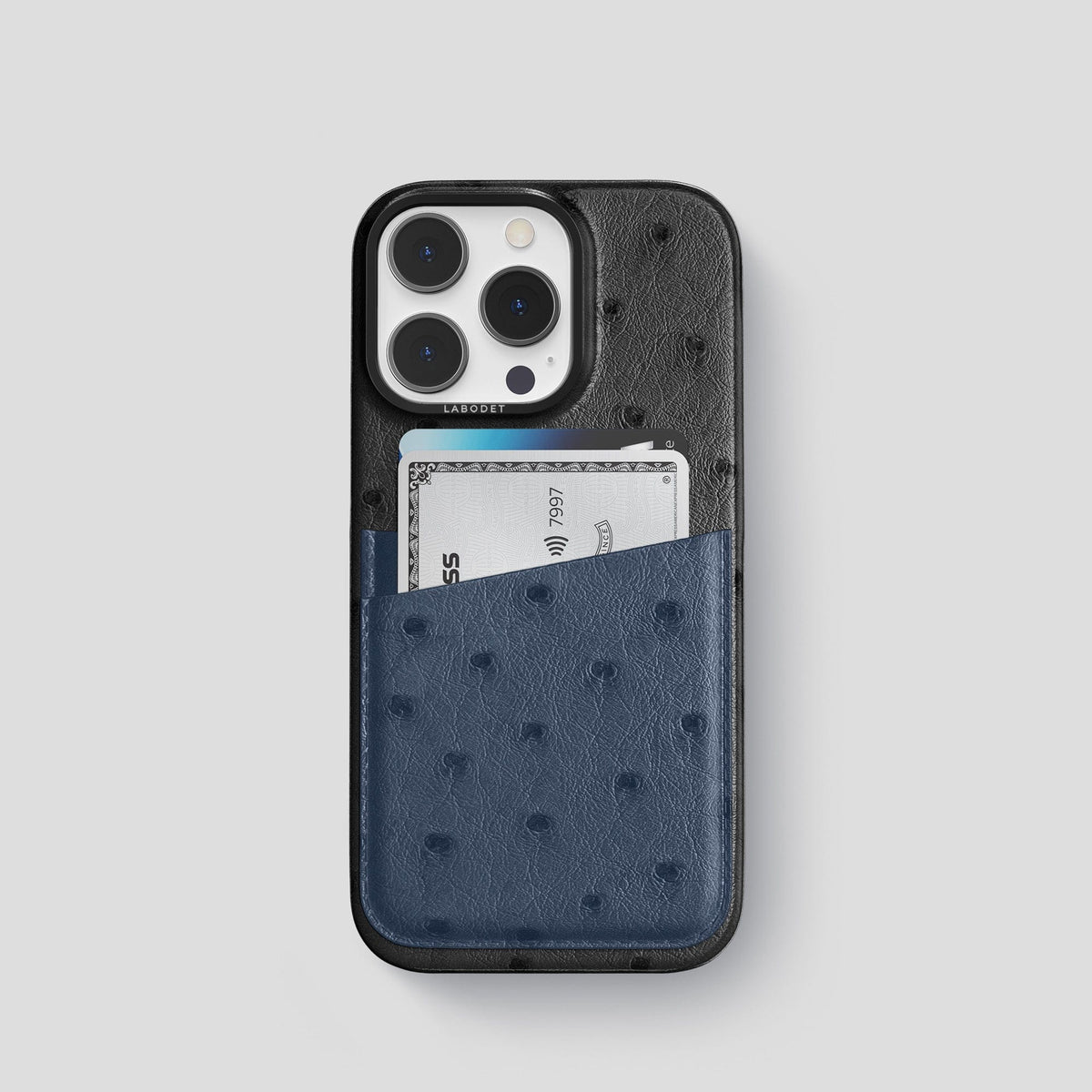 Black-Navy-Blue iPhone 14 Pro Card Case Colore Ostrich with Black Metal -1 | Black-Navy-Blue-Black