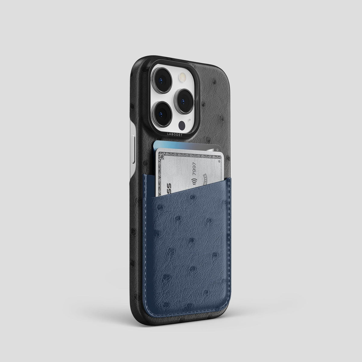Black-Navy-Blue iPhone 14 Pro Card Case Colore Ostrich with Black Metal -2 | Black-Navy-Blue-Black