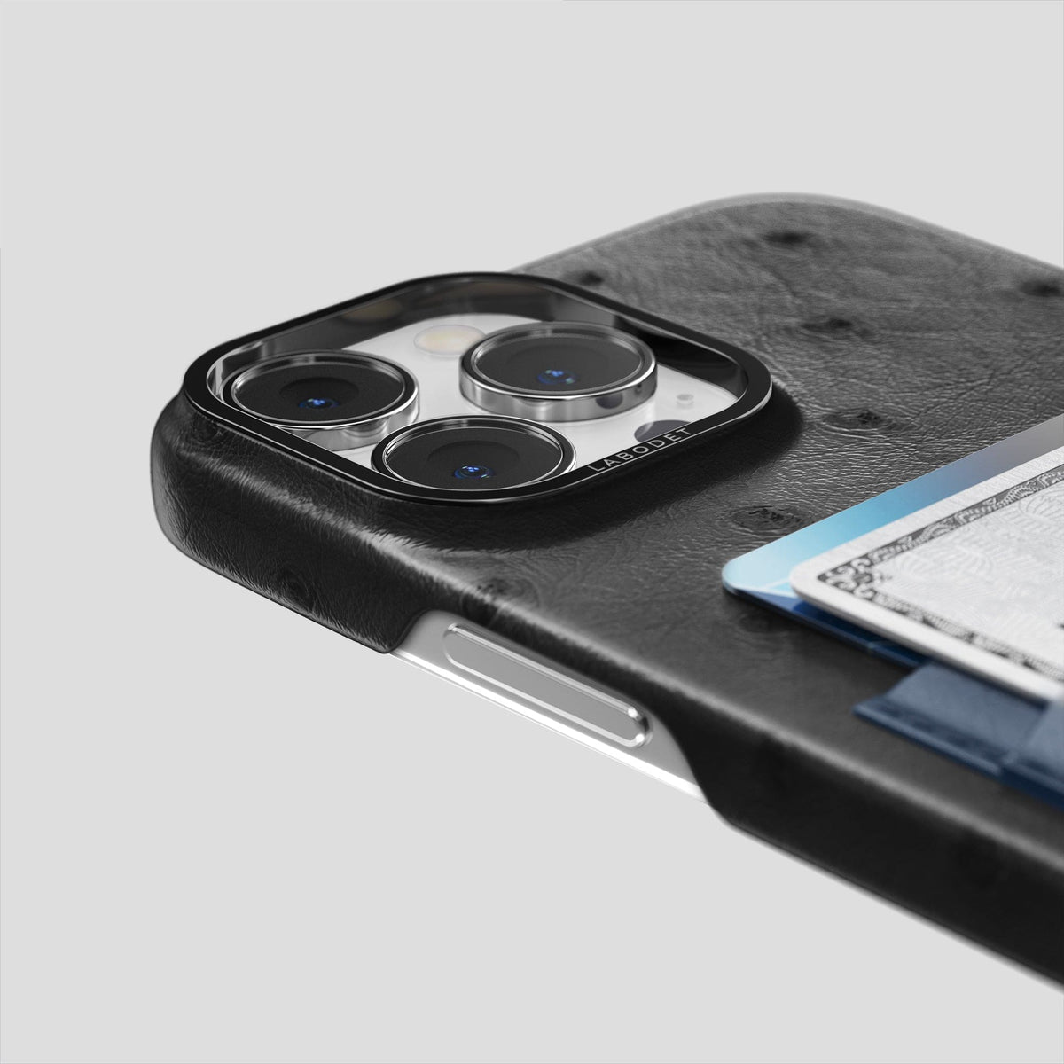 Black-Navy-Blue iPhone 15 Pro Card Case Colore Ostrich with Black Metal -5 | Black-Navy-Blue-Black