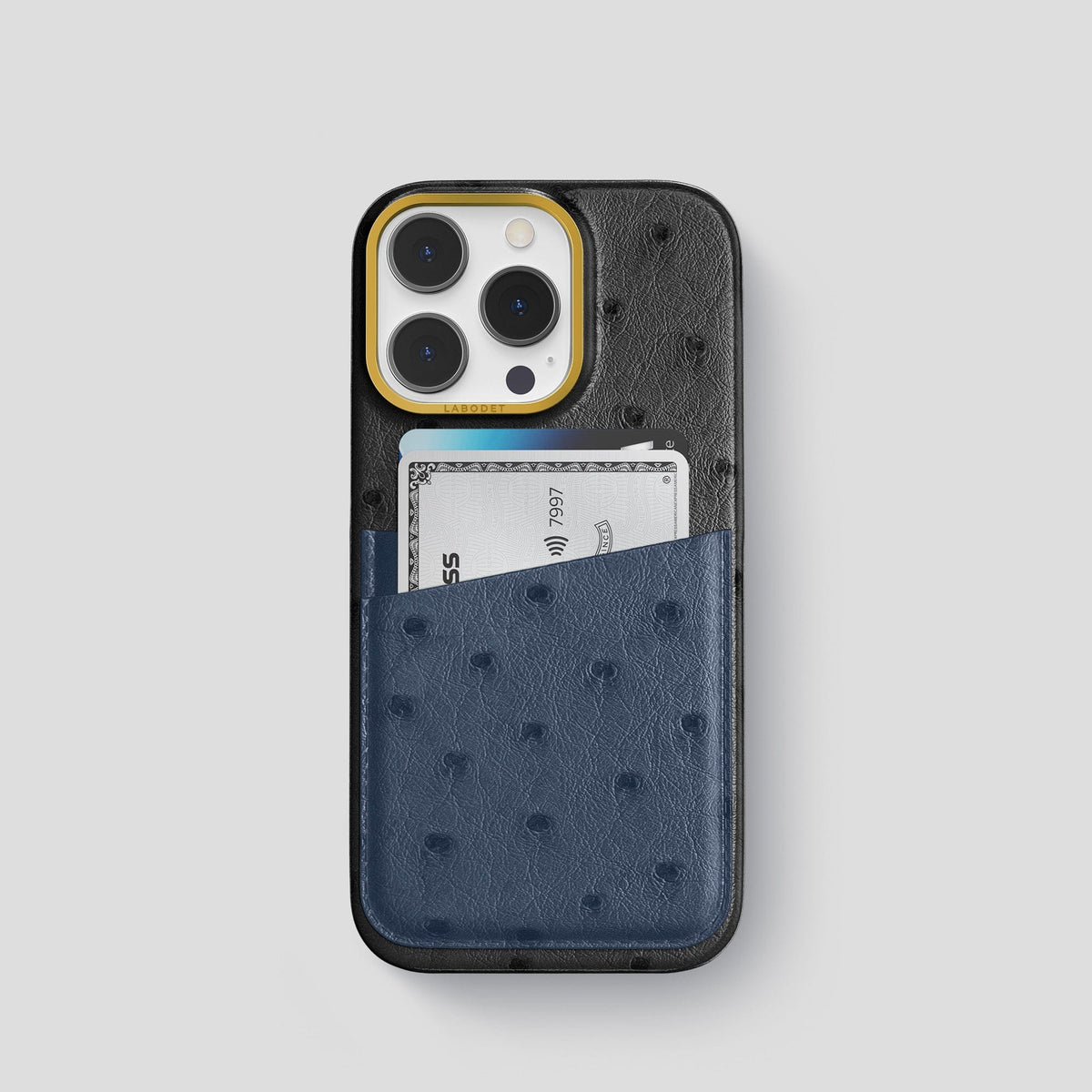 Black-Navy-Blue iPhone 14 Pro Card Case Colore Ostrich with Gold Metal -1 | Black-Navy-Blue-Gold