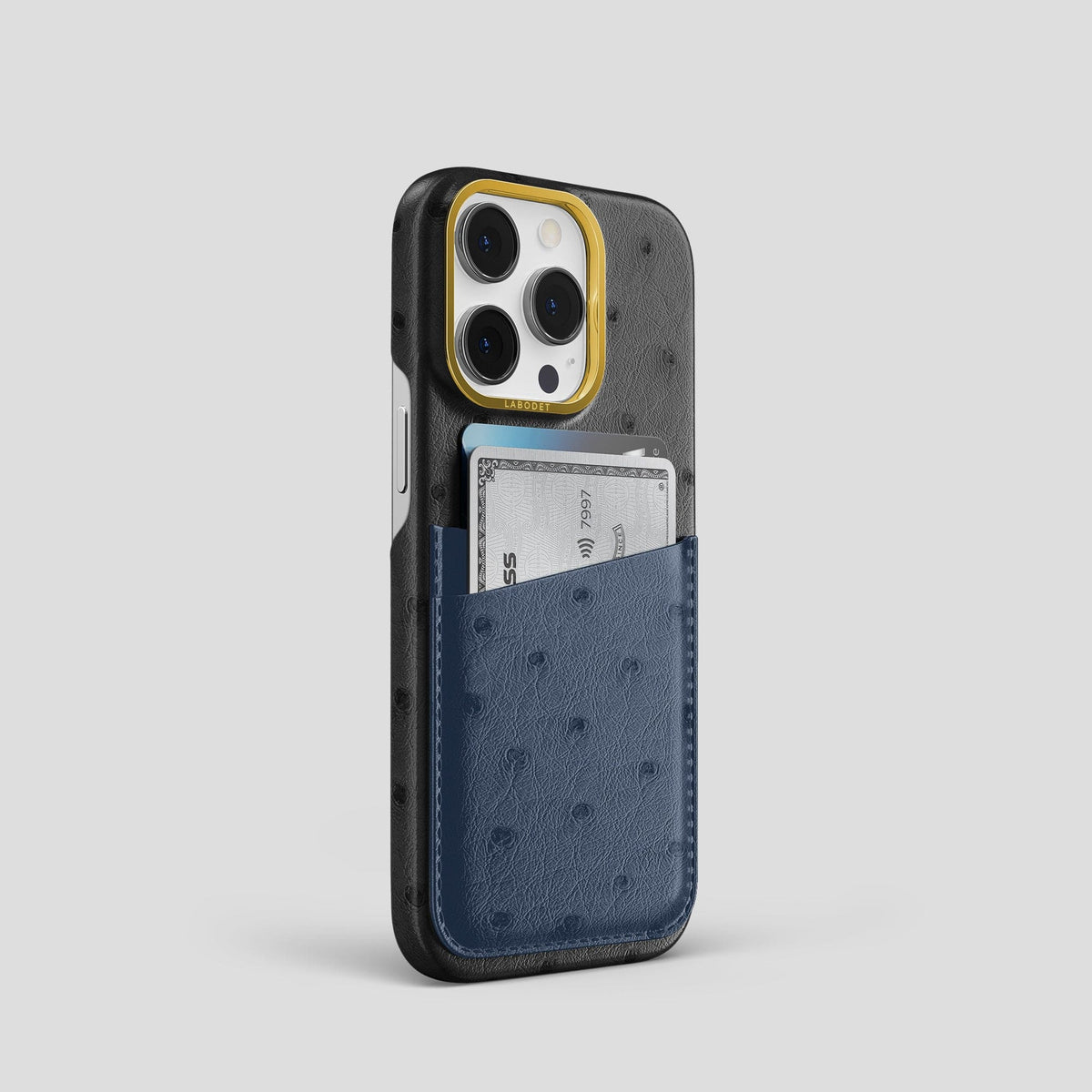 Black-Navy-Blue iPhone 15 Pro Card Case Colore Ostrich with Gold Metal -2 | Black-Navy-Blue-Gold