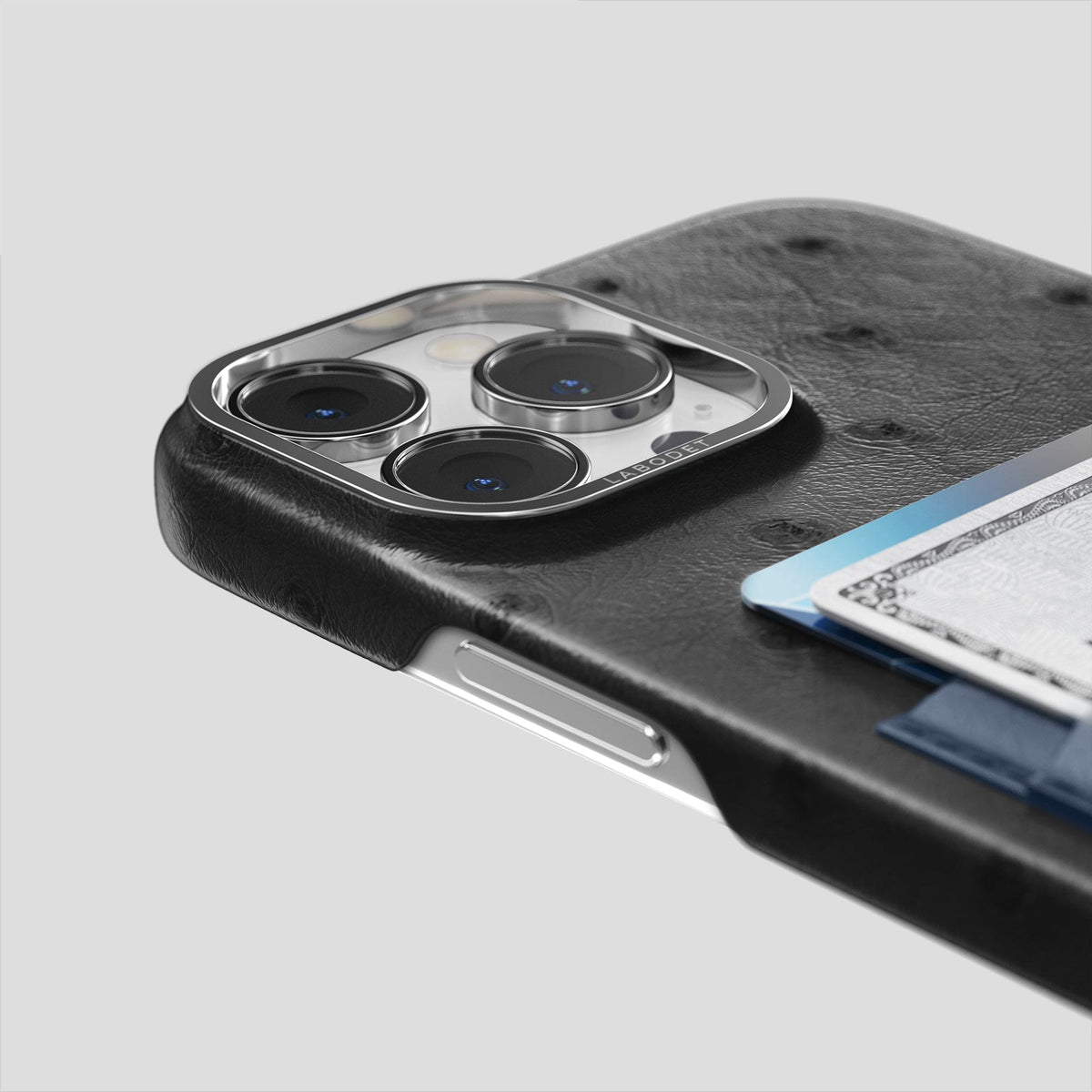 Black-Navy-Blue iPhone 15 Pro Card Case Colore Ostrich with Steel Metal -5 | Black-Navy-Blue-Steel