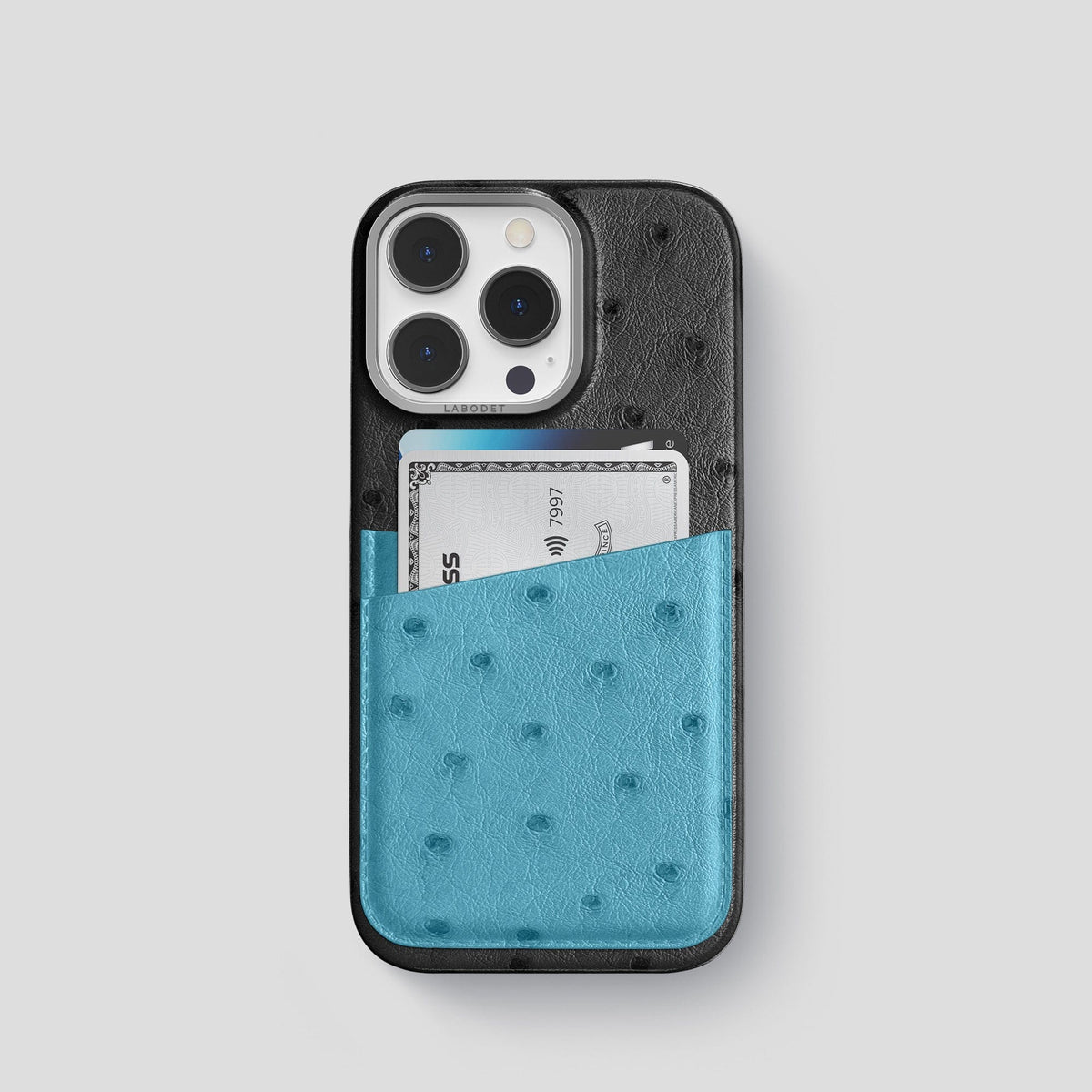 Black-Blue-Jeans iPhone 15 Pro Card Case Colore Ostrich with Steel Metal -1 | Black-Blue-Jeans-Steel