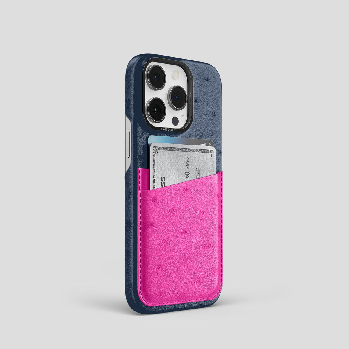 Navy-Blue-Fuchsia iPhone 14 Pro Card Case Colore Ostrich with Black Metal -2 | Navy-Blue-Fuchsia-Black