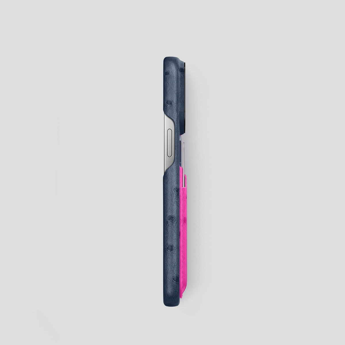 Navy-Blue-Fuchsia iPhone 15 Pro Card Case Colore Ostrich with Black Metal -3 | Navy-Blue-Fuchsia-Black