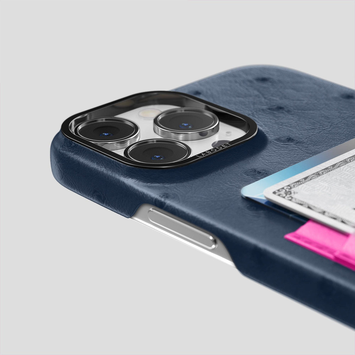 Navy-Blue-Fuchsia iPhone 15 Pro Card Case Colore Ostrich with Black Metal -5 | Navy-Blue-Fuchsia-Black