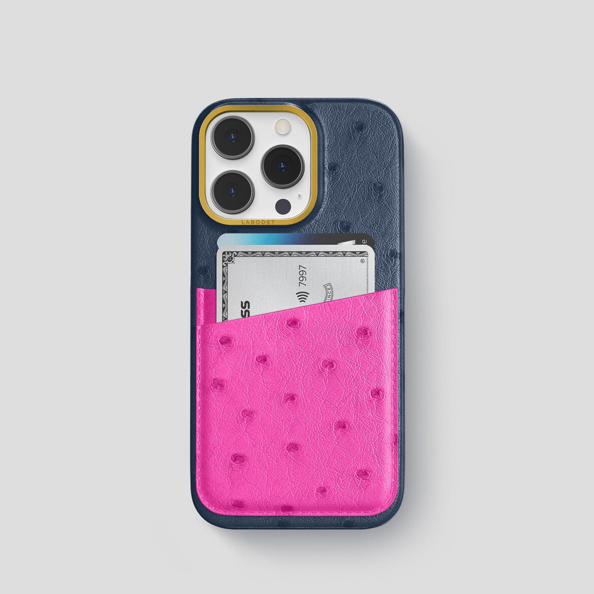 Navy-Blue-Fuchsia iPhone 15 Pro Card Case Colore Ostrich with Gold Metal -1 | Navy-Blue-Fuchsia-Gold