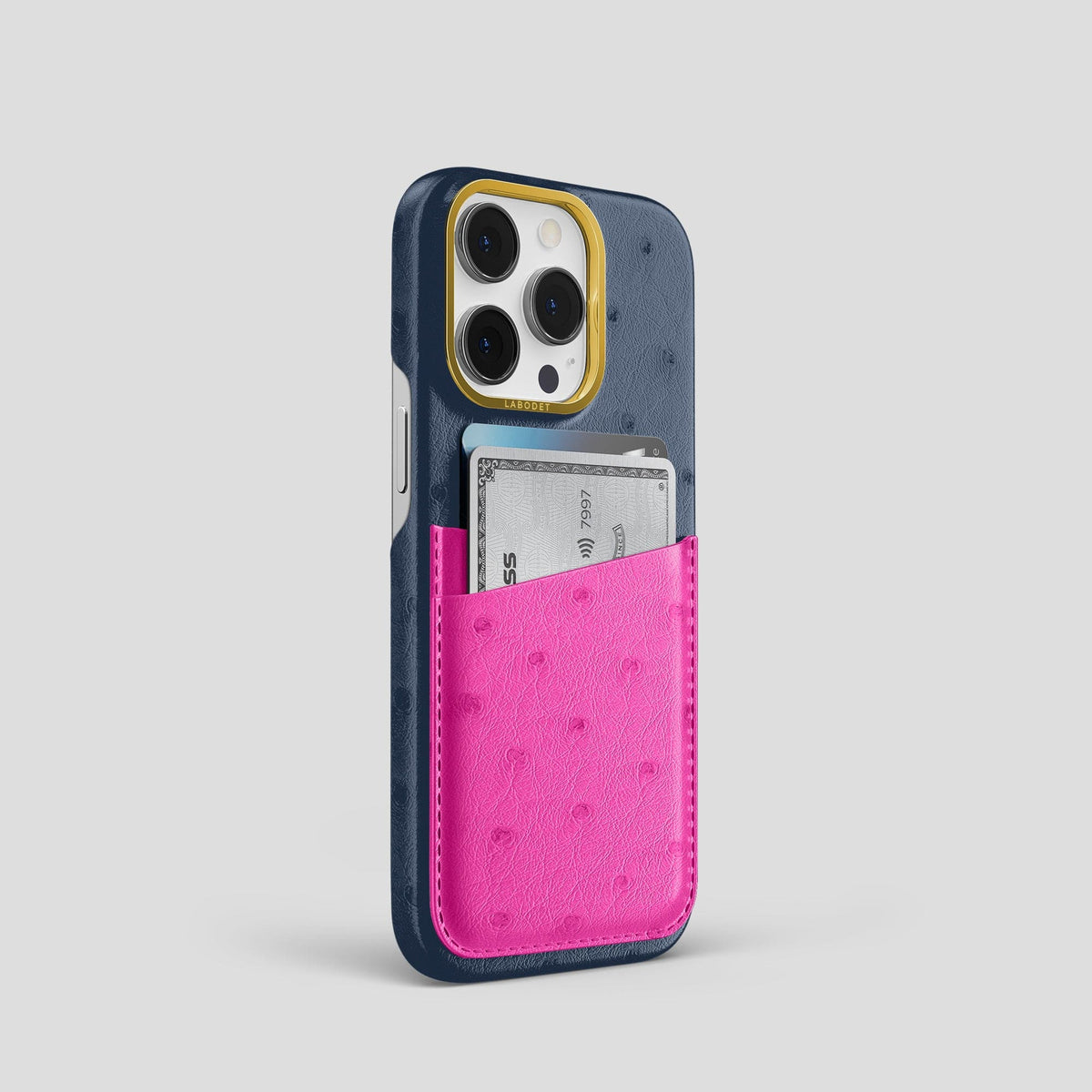 Navy-Blue-Fuchsia iPhone 14 Pro Card Case Colore Ostrich with Gold Metal -2 | Navy-Blue-Fuchsia-Gold