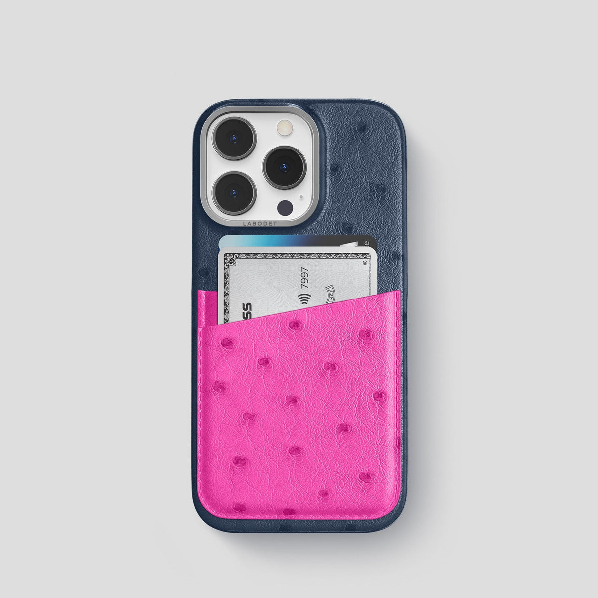 Navy-Blue-Fuchsia iPhone 14 Pro Card Case Colore Ostrich with Steel Metal -1 | Navy-Blue-Fuchsia-Steel
