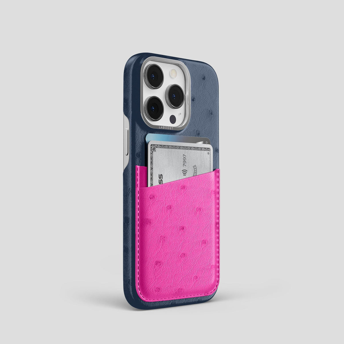 Navy-Blue-Fuchsia iPhone 15 Pro Card Case Colore Ostrich with Steel Metal -2 | Navy-Blue-Fuchsia-Steel