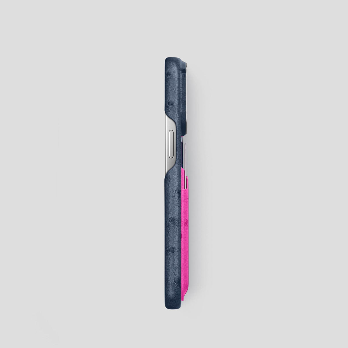 Navy-Blue-Fuchsia iPhone 14 Pro Card Case Colore Ostrich with Steel Metal -3 | Navy-Blue-Fuchsia-Steel