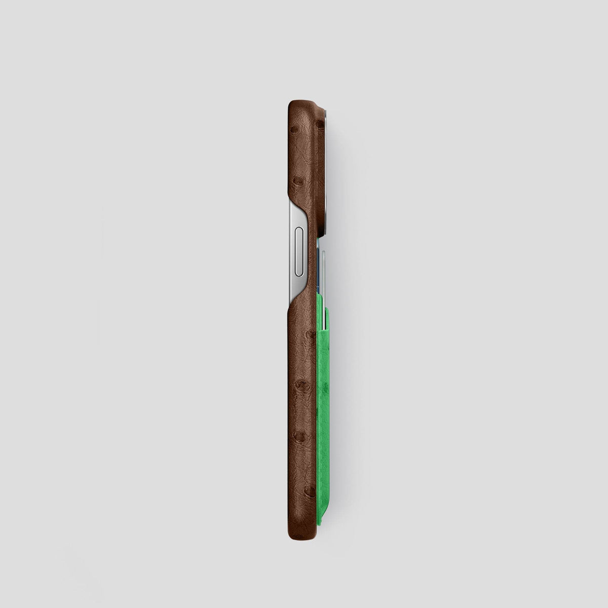 Chocolate-Kentucky-Green iPhone 15 Pro Card Case Colore Ostrich with Steel Metal -3 | Chocolate-Kentucky-Green-Steel