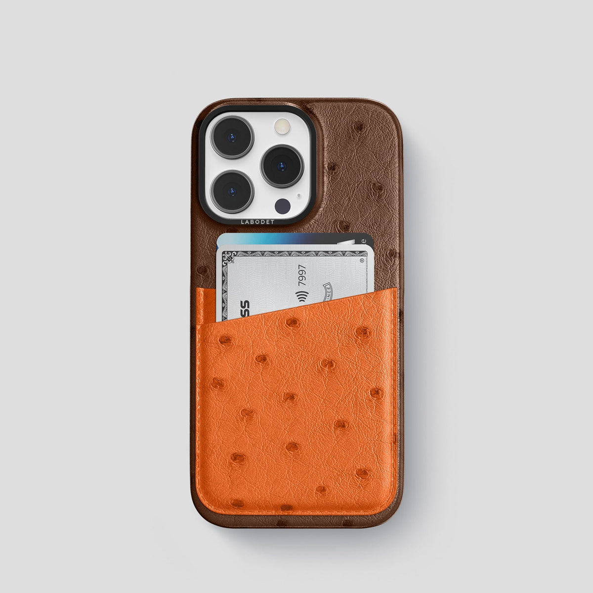 Chocolate-Medium-Brown iPhone 15 Pro Card Case Colore Ostrich with Black Metal -1 | Chocolate-Medium-Brown-Black
