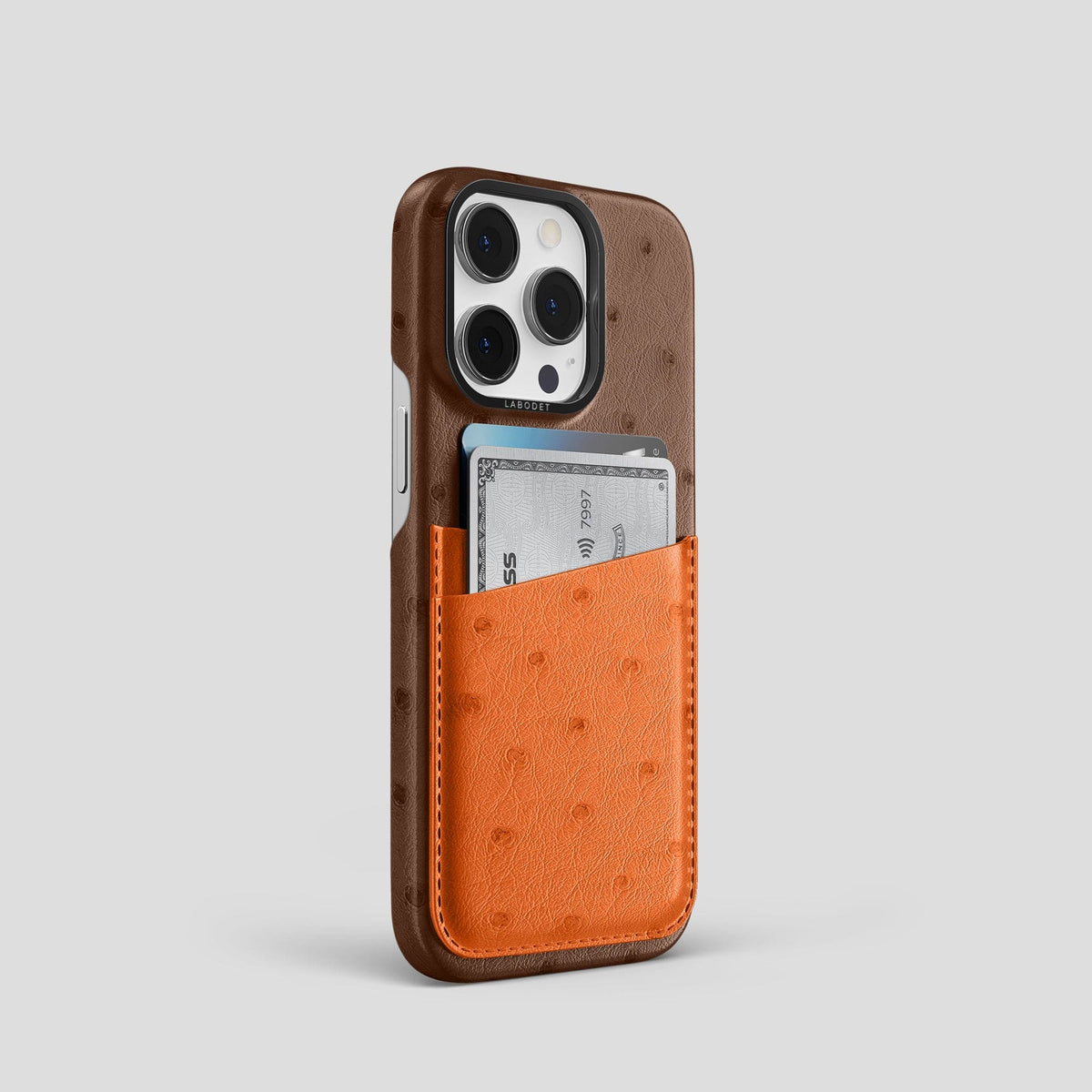 Chocolate-Medium-Brown iPhone 15 Pro Card Case Colore Ostrich with Black Metal -2 | Chocolate-Medium-Brown-Black