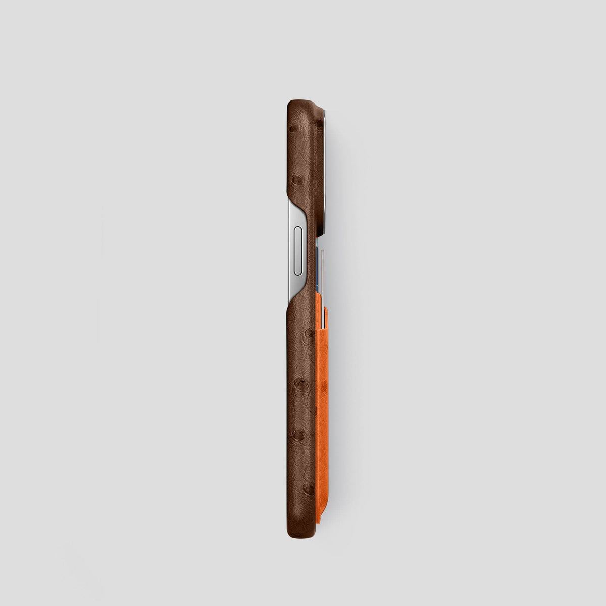 Chocolate-Medium-Brown iPhone 15 Pro Card Case Colore Ostrich with Steel Metal -3 | Chocolate-Medium-Brown-Steel