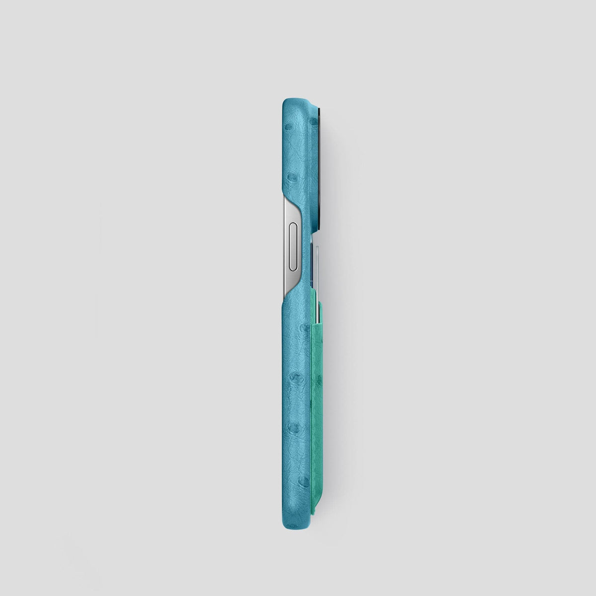 Blue-Jeans-Green iPhone 15 Pro Card Case Colore Ostrich with Black Metal -3 | Blue-Jeans-Green-Black