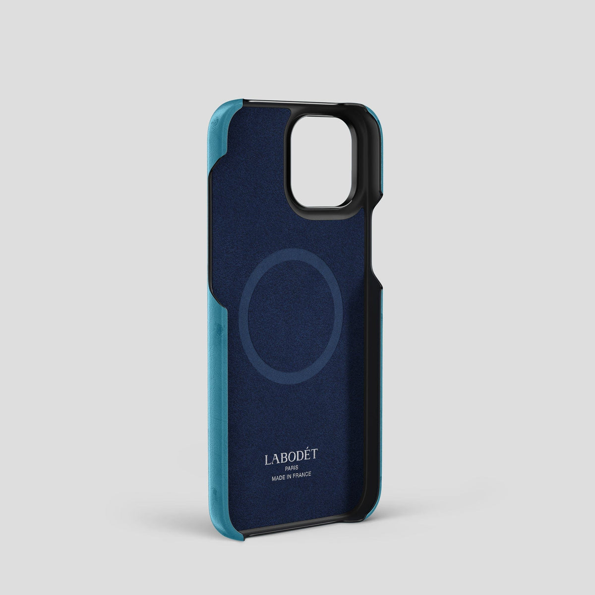 Blue-Jeans-Green iPhone 15 Pro Card Case Colore Ostrich with Black Metal -4 | Blue-Jeans-Green-Black
