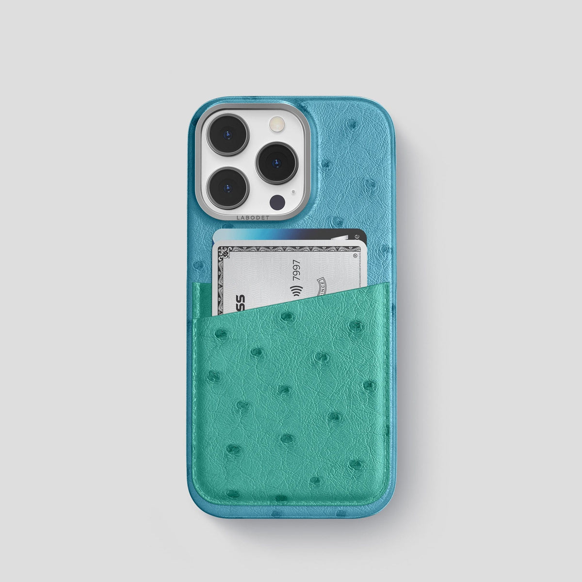 Blue-Jeans-Green iPhone 15 Pro Card Case Colore Ostrich with Steel Metal -1 | Blue-Jeans-Green-Steel