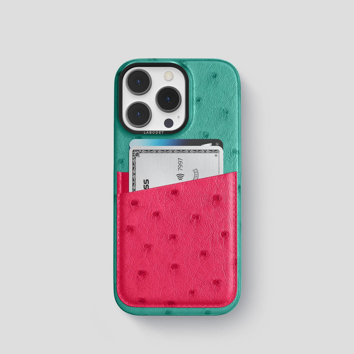 Green-Bordeaux iPhone 15 Pro Card Case Colore Ostrich with Black Metal -1 | Green-Bordeaux-Black