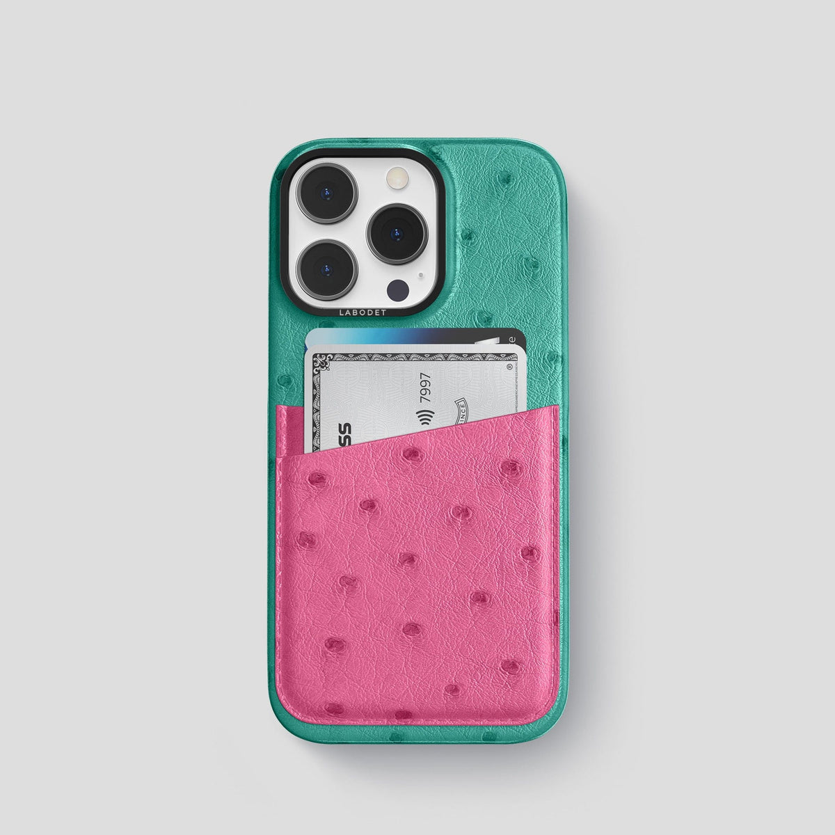 Green-Petal-Pink iPhone 15 Pro Card Case Colore Ostrich with Black Metal -1 | Green-Petal-Pink-Black