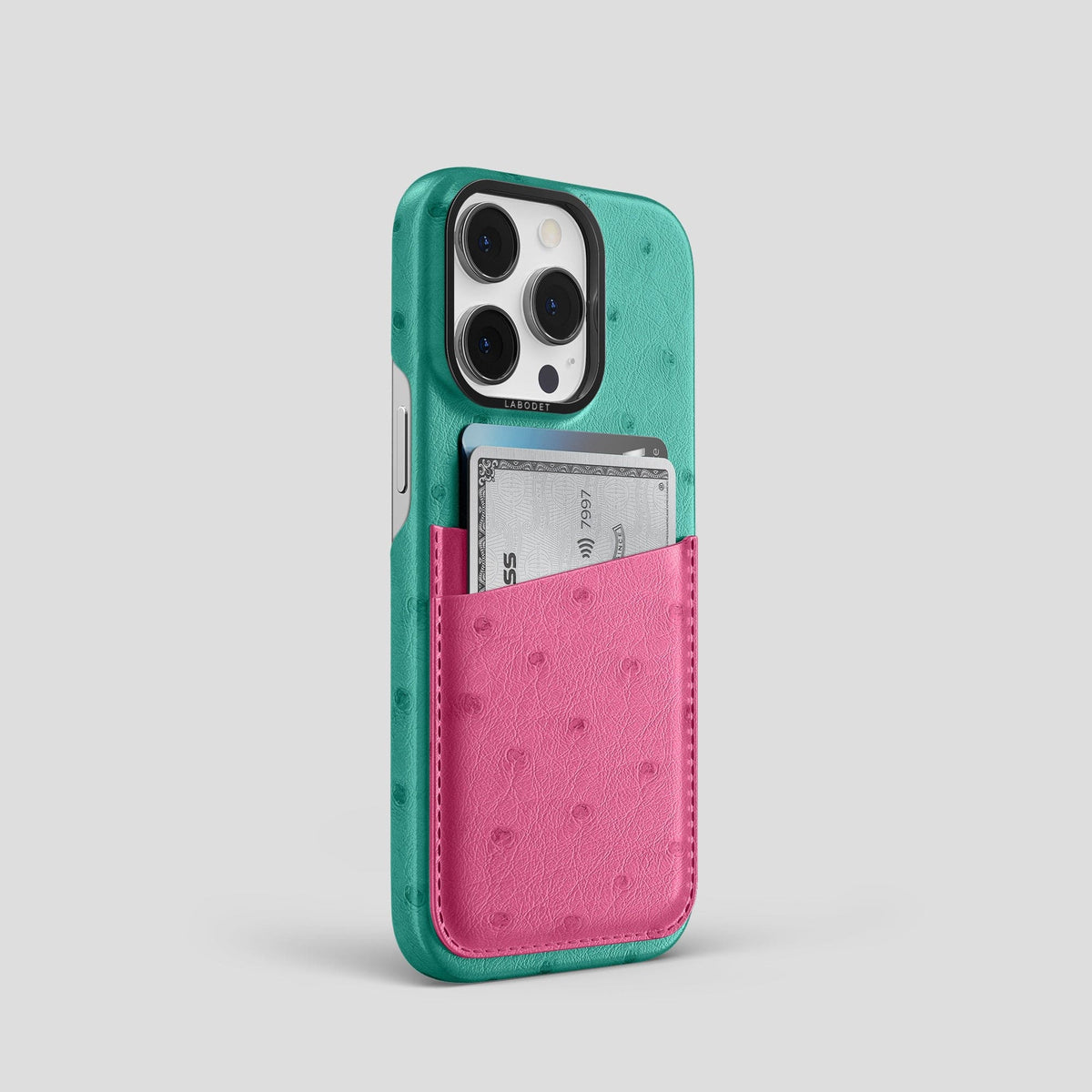 Green-Petal-Pink iPhone 15 Pro Card Case Colore Ostrich with Black Metal -2 | Green-Petal-Pink-Black