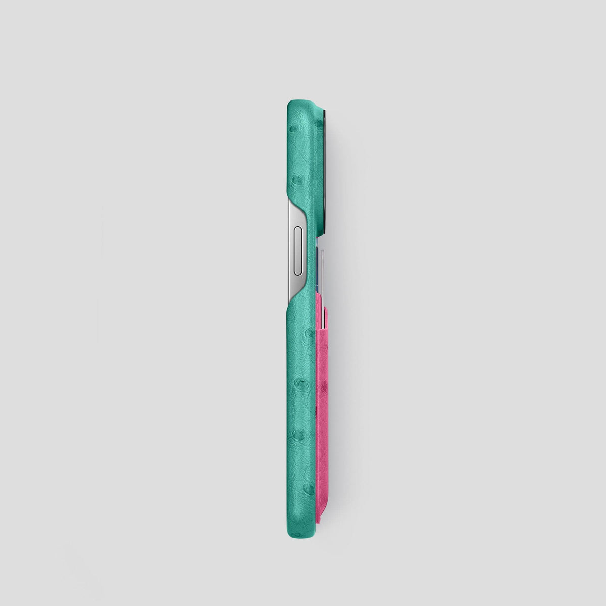 Green-Petal-Pink iPhone 15 Pro Card Case Colore Ostrich with Black Metal -3 | Green-Petal-Pink-Black
