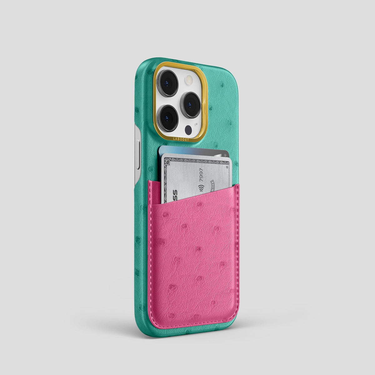 Green-Petal-Pink iPhone 15 Pro Card Case Colore Ostrich with Gold Metal -2 | Green-Petal-Pink-Gold