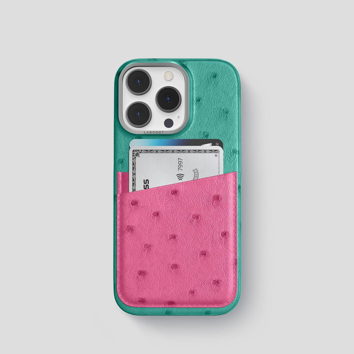 Green-Petal-Pink iPhone 15 Pro Card Case Colore Ostrich with Steel Metal -1 | Green-Petal-Pink-Steel