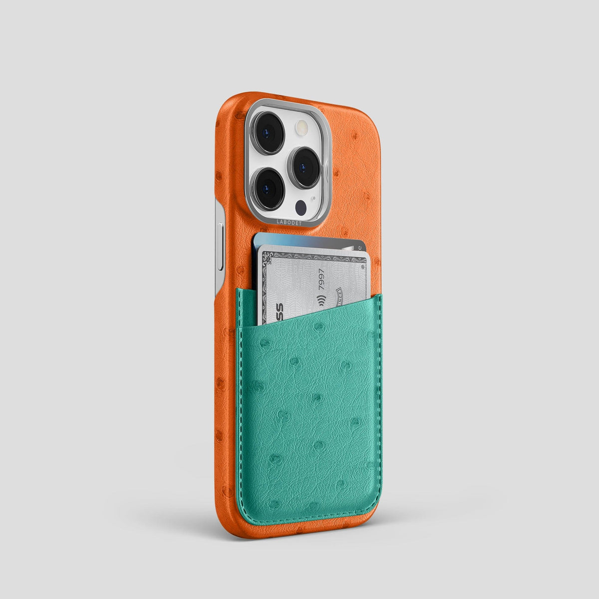Medium-Brown-Green iPhone 15 Pro Card Case Colore Ostrich with Steel Metal -2 | Medium-Brown-Green-Steel
