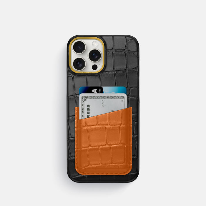 Black-Orange iPhone 16 Pro Card Case Alligator with Gold Metal -1 | Black-Orange-Gold