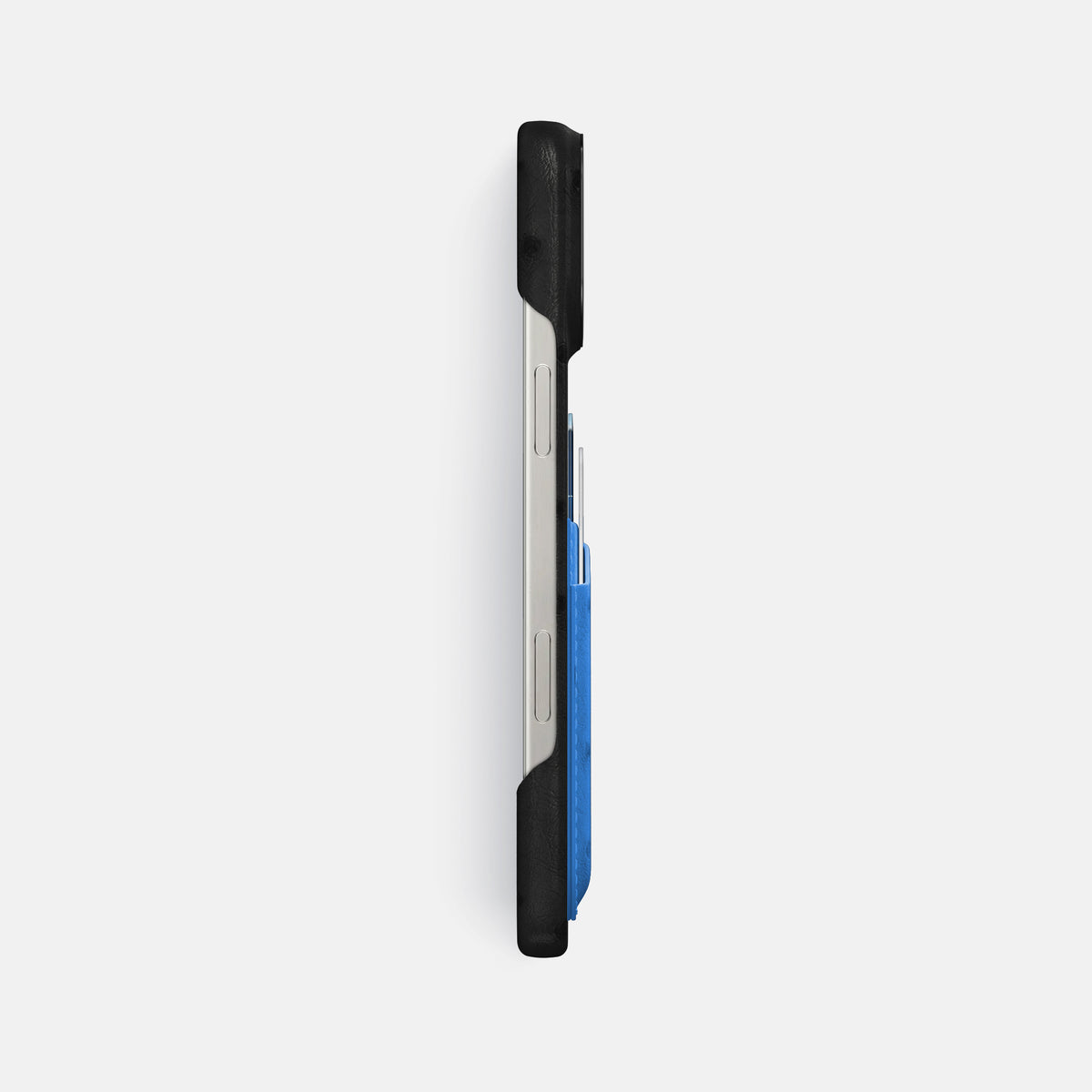 Black-Royal-Blue iPhone 16 Pro Max Card Case Ostrich with Black Metal -3 | Black-Royal-Blue-Black