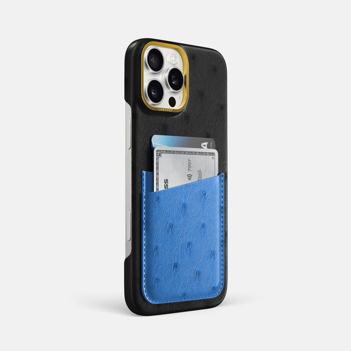 Black-Royal-Blue iPhone 16 Pro Max Card Case Ostrich with Gold Metal -2 | Black-Royal-Blue-Gold