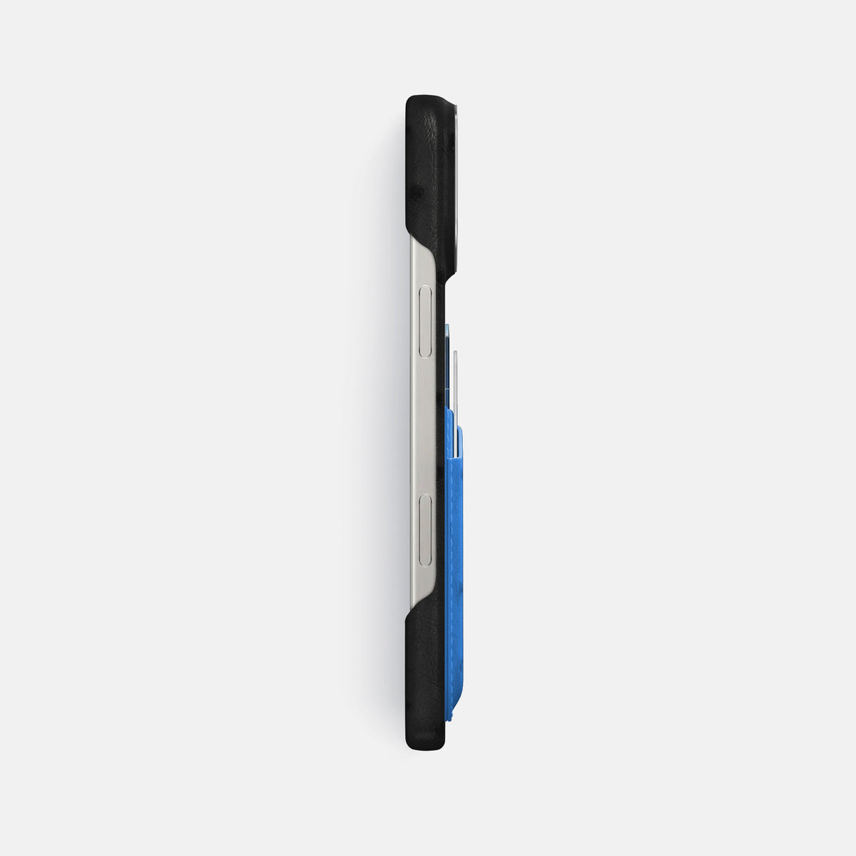 Black-Royal-Blue iPhone 16 Pro Max Card Case Ostrich with Steel Metal -3 | Black-Royal-Blue-Steel
