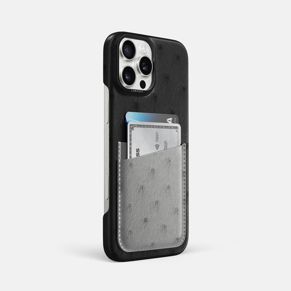 Black-Silver iPhone 16 Pro Max Card Case Ostrich with Black Metal -2 | Black-Silver-Black
