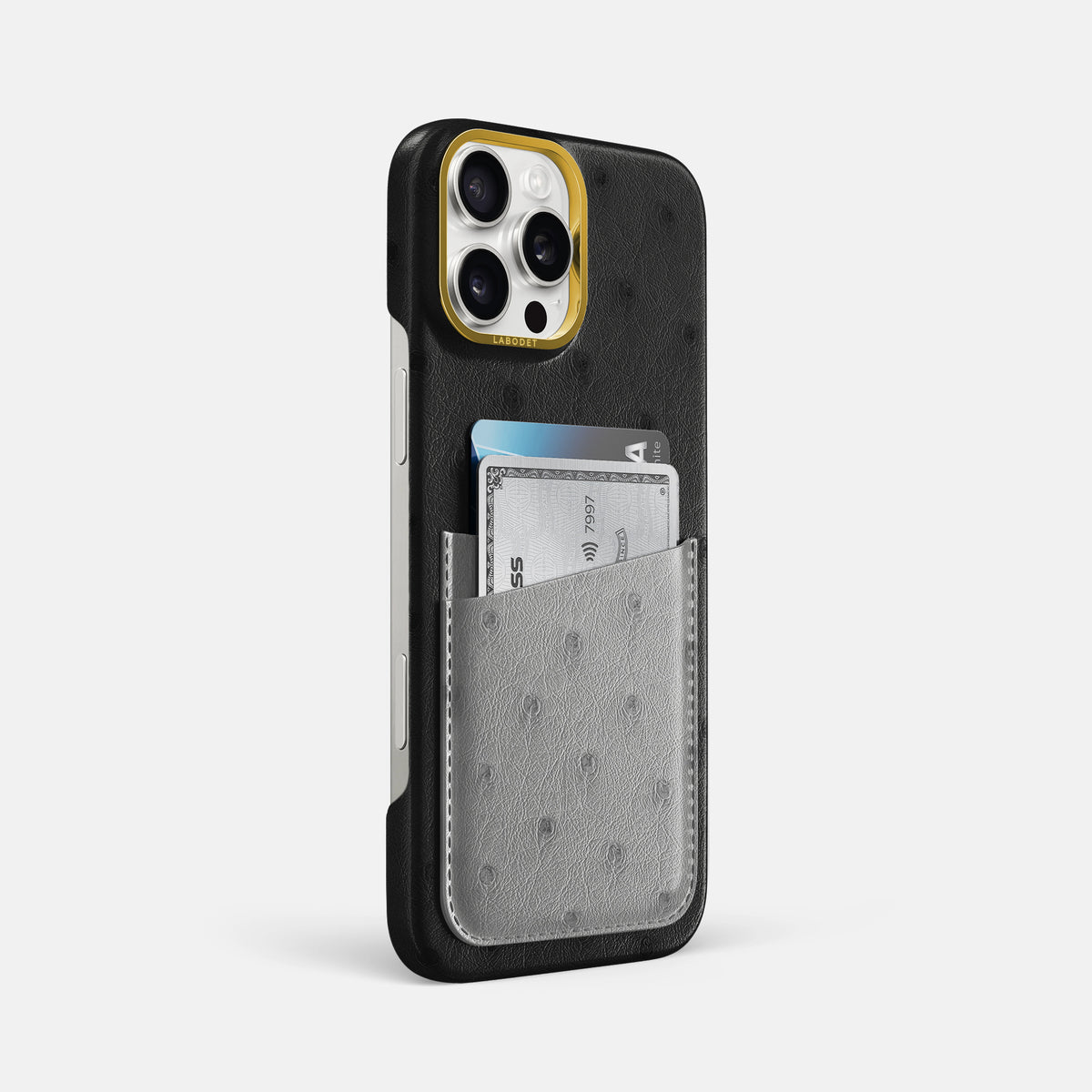 Black-Silver iPhone 16 Pro Max Card Case Ostrich with Gold Metal -2 | Black-Silver-Gold