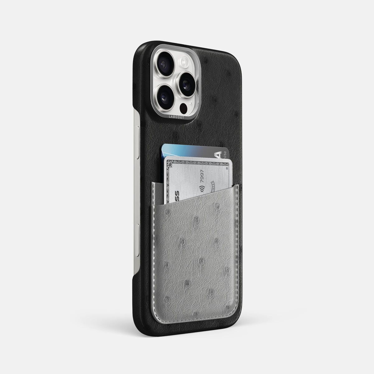 Black-Silver iPhone 16 Pro Max Card Case Ostrich with Steel Metal -2 | Black-Silver-Steel