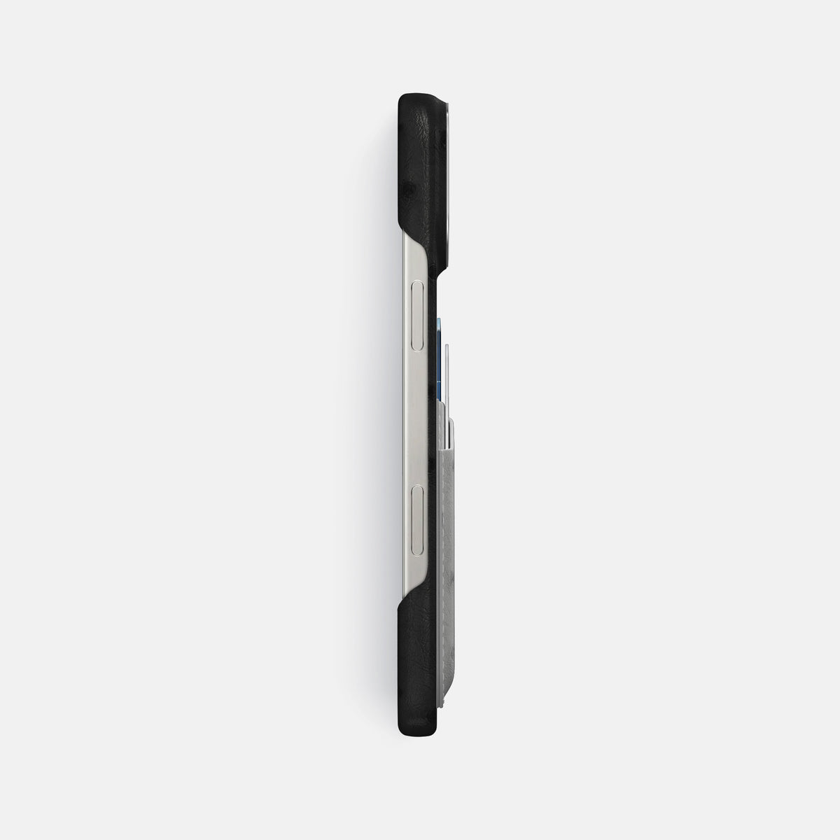 Black-Silver iPhone 16 Pro Max Card Case Ostrich with Steel Metal -3 | Black-Silver-Steel