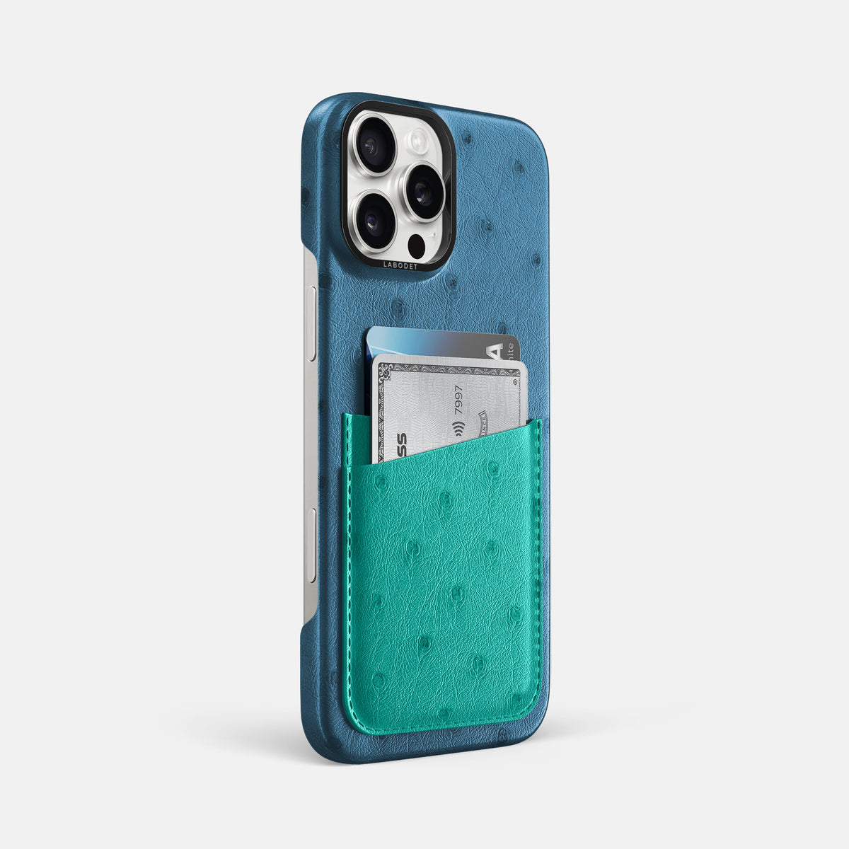 Blue-Jeans-Turquoise iPhone 16 Pro Max Card Case Ostrich with Black Metal -2 | Blue-Jeans-Turquoise-Black