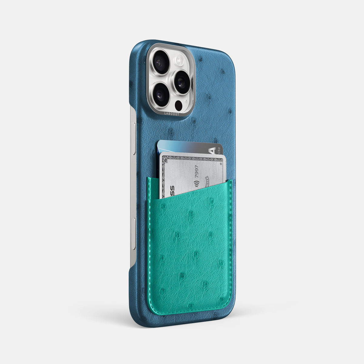 Blue-Jeans-Turquoise iPhone 16 Pro Max Card Case Ostrich with Steel Metal -2 | Blue-Jeans-Turquoise-Steel