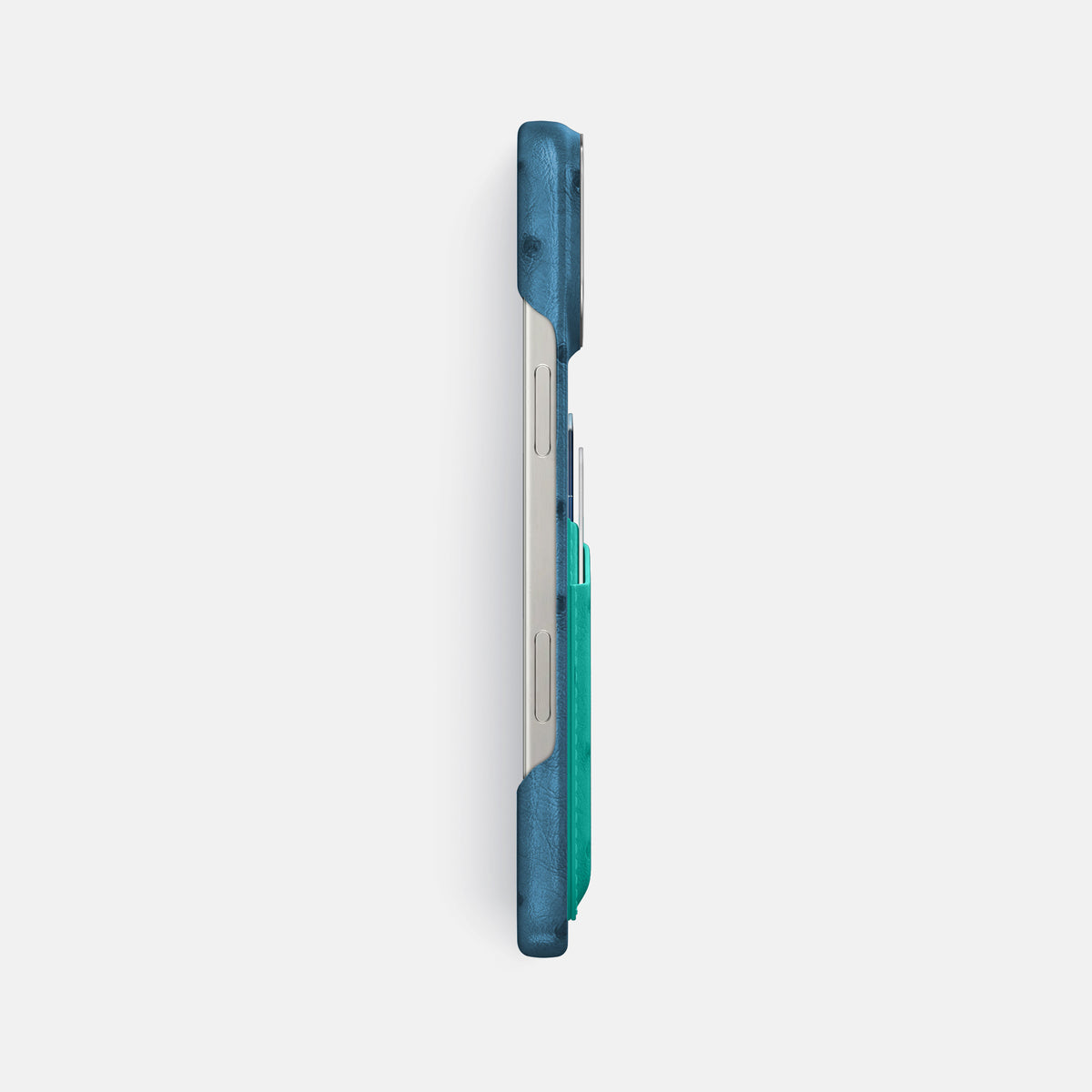 Blue-Jeans-Turquoise iPhone 16 Pro Max Card Case Ostrich with Steel Metal -3 | Blue-Jeans-Turquoise-Steel