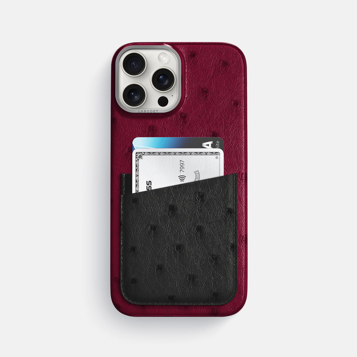Bordeaux-Black iPhone 16 Pro Max Card Case Ostrich with Steel Metal -1 | Bordeaux-Black-Steel