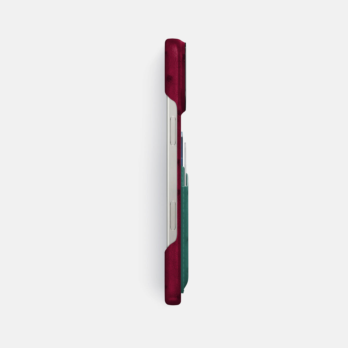 Bordeaux-Forest-Green iPhone 16 Pro Max Card Case Ostrich with Black Metal -3 | Bordeaux-Forest-Green-Black