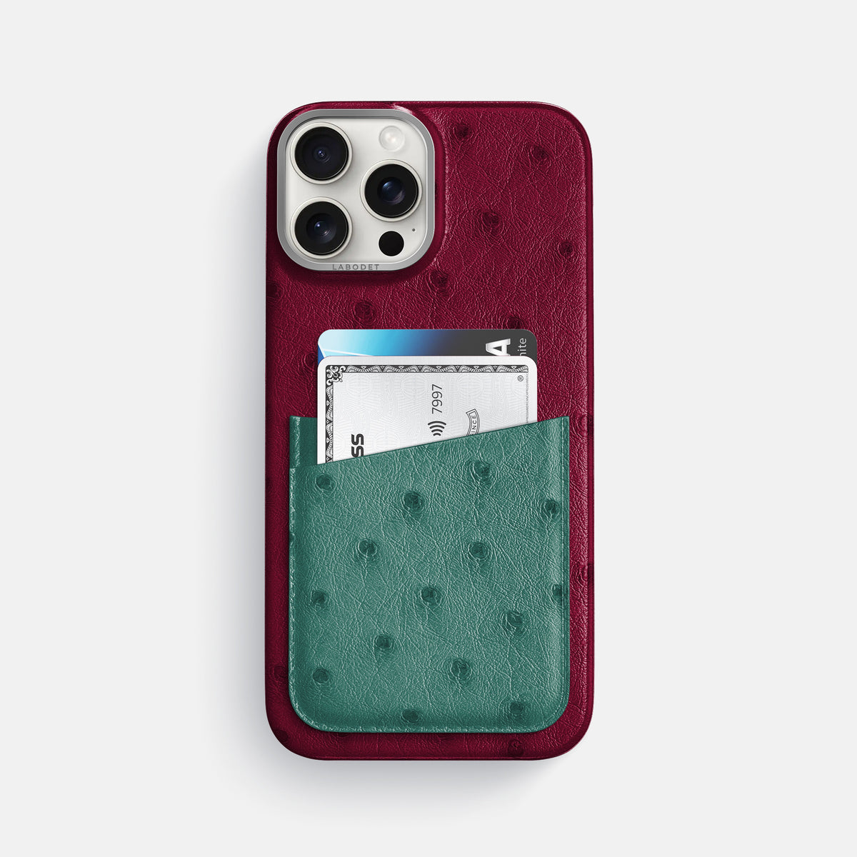 Bordeaux-Forest-Green iPhone 16 Pro Max Card Case Ostrich with Steel Metal -1 | Bordeaux-Forest-Green-Steel