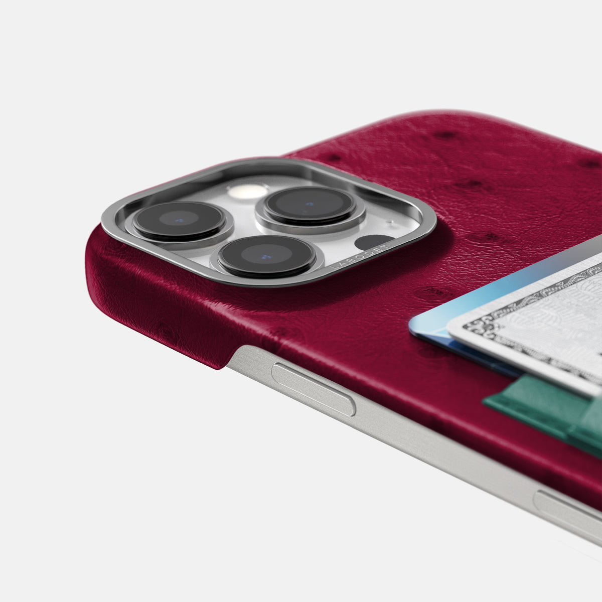 Bordeaux-Forest-Green iPhone 16 Pro Max Card Case Ostrich with Steel Metal -5 | Bordeaux-Forest-Green-Steel