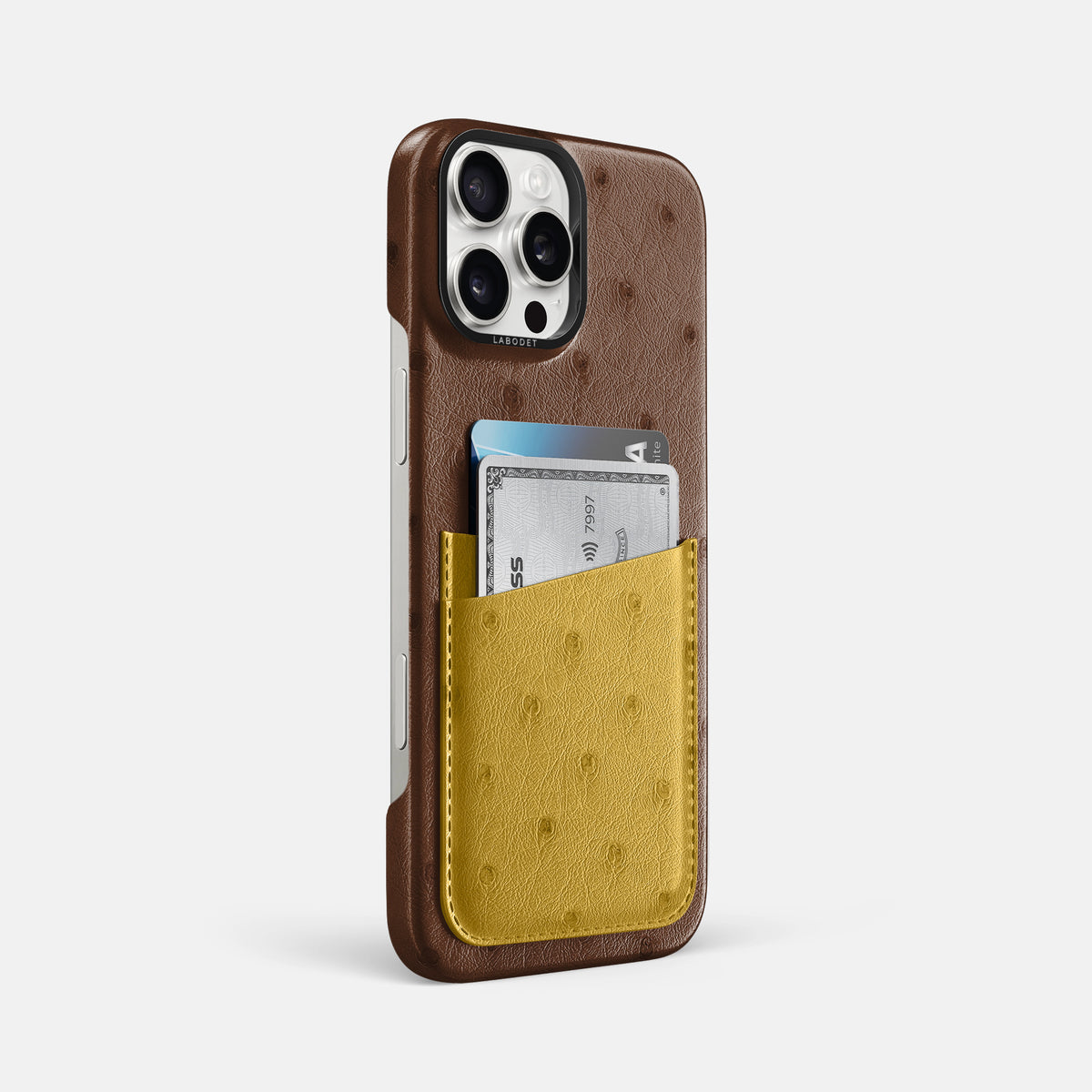 Chocolate-Gold iPhone 16 Pro Max Card Case Ostrich with Black Metal -2 | Chocolate-Gold-Black