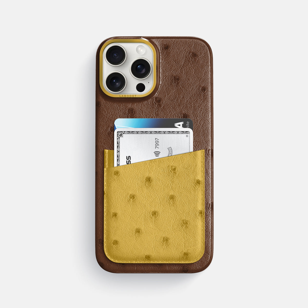 Chocolate-Gold iPhone 16 Pro Max Card Case Ostrich with Gold Metal -1 | Chocolate-Gold-Gold