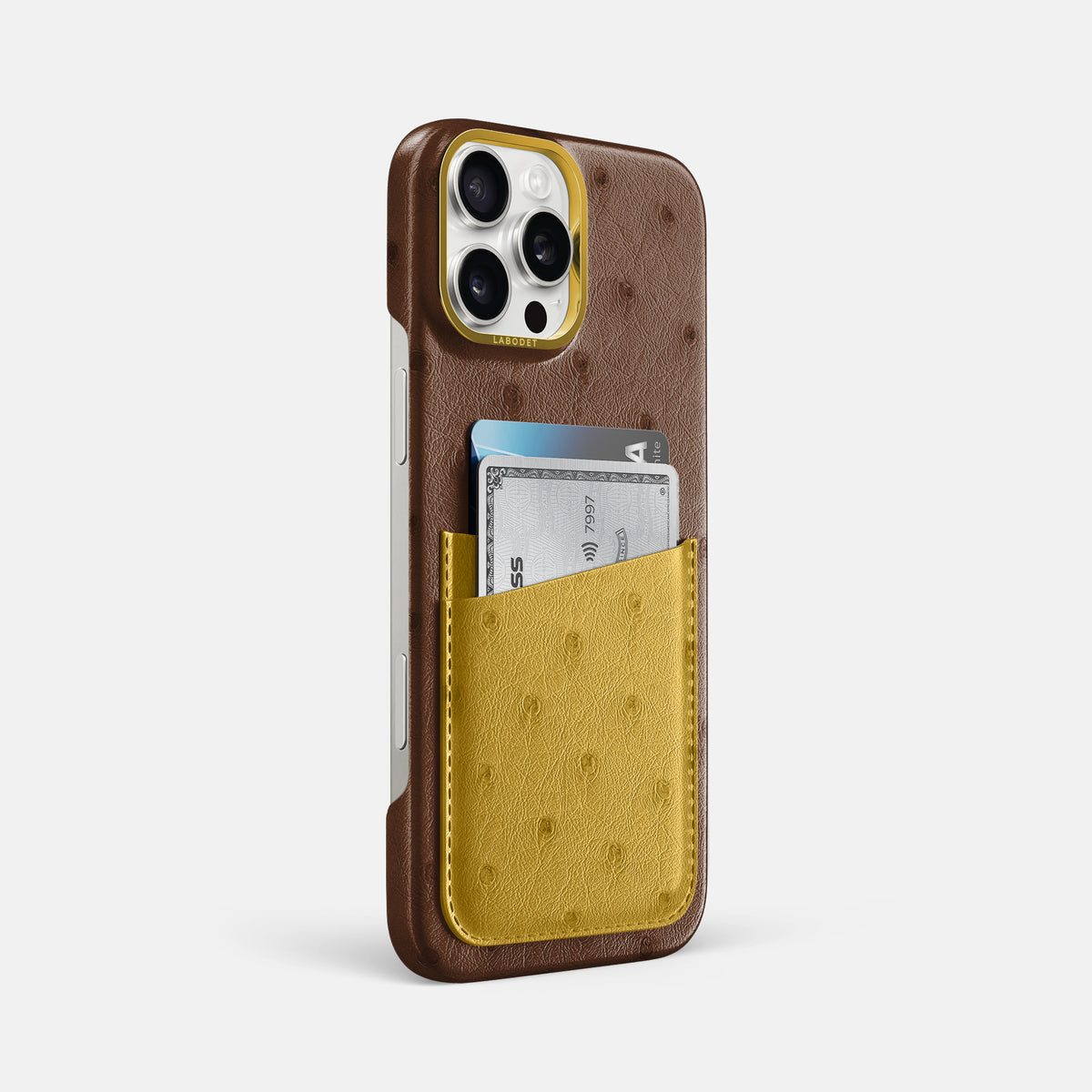 Chocolate-Gold iPhone 16 Pro Max Card Case Ostrich with Gold Metal -2 | Chocolate-Gold-Gold