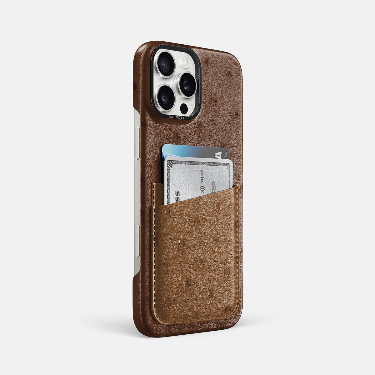 Chocolate-Medium-Brown iPhone 16 Pro Max Card Case Ostrich with Black Metal -2 | Chocolate-Medium-Brown-Black